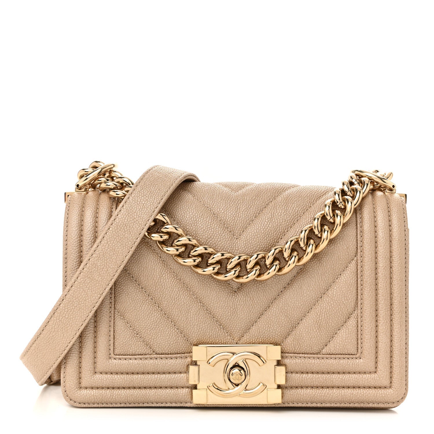 Iridescent Caviar Chevron Quilted Small Boy Flap Beige