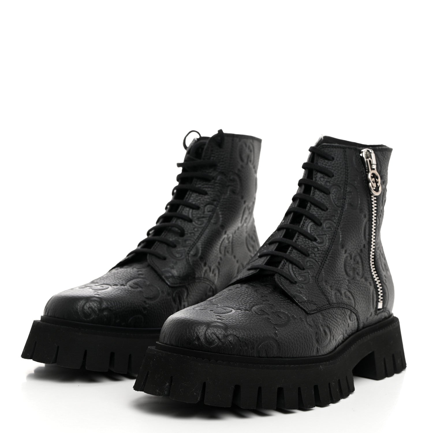 Calfskin Embossed Monogram Lace Up Ankle Boots 8 Black