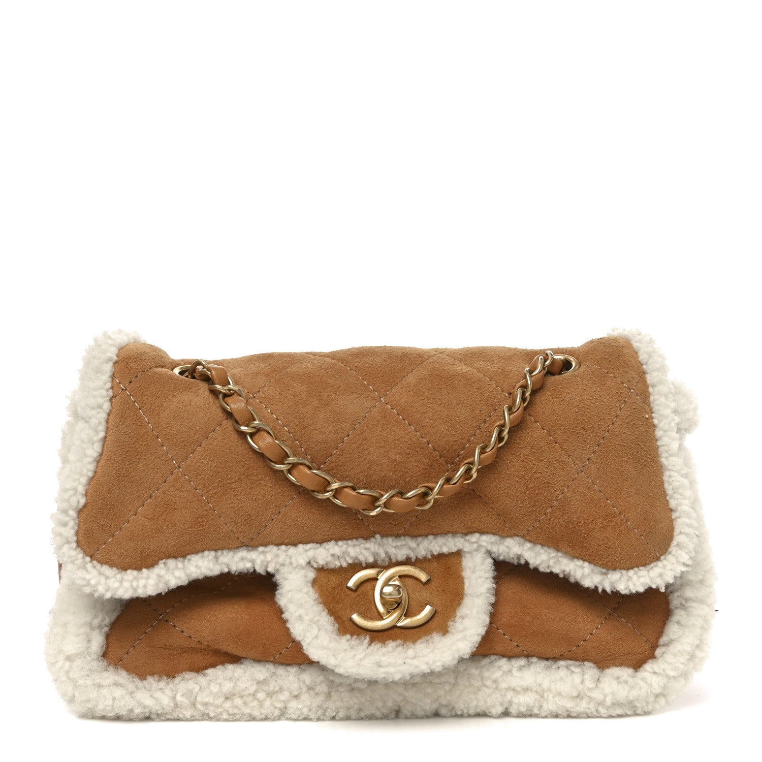 Shearling Lambskin Quilted Medium Coco Neige Single Flap Beige
