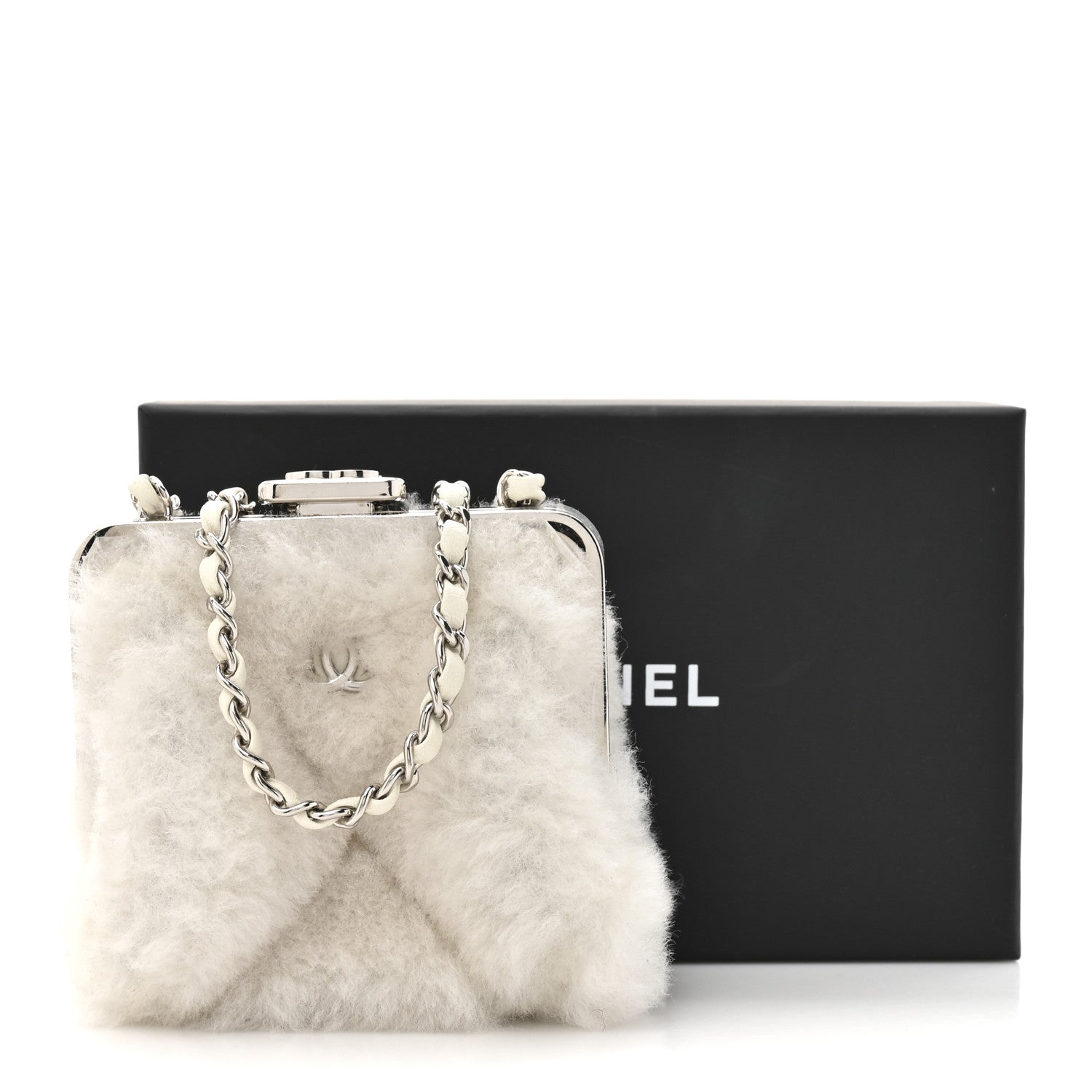 Shearling Sheepskin Lambskin Quilted Clutch With Chain White