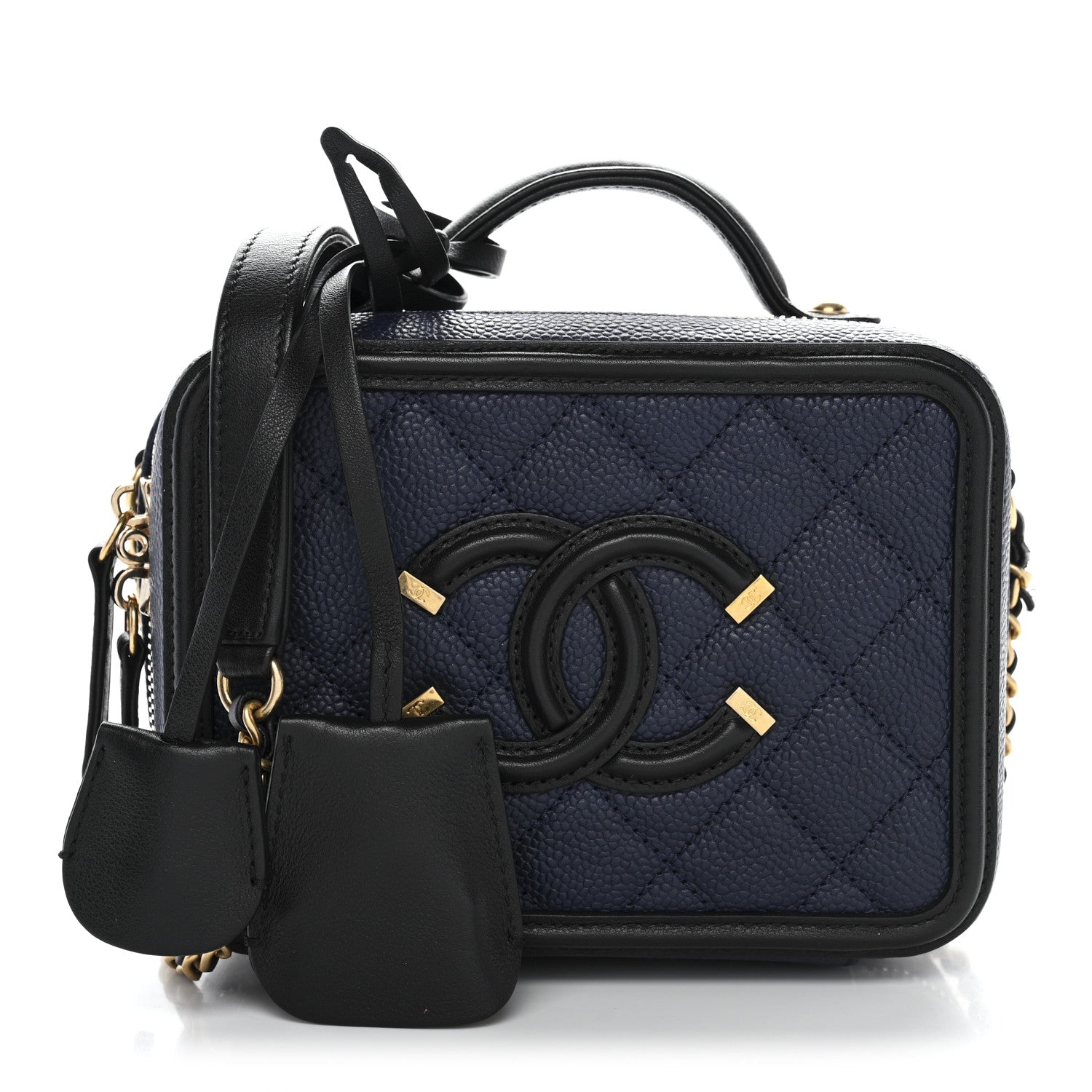 Caviar Quilted Small CC Filigree Vanity Case Navy Black