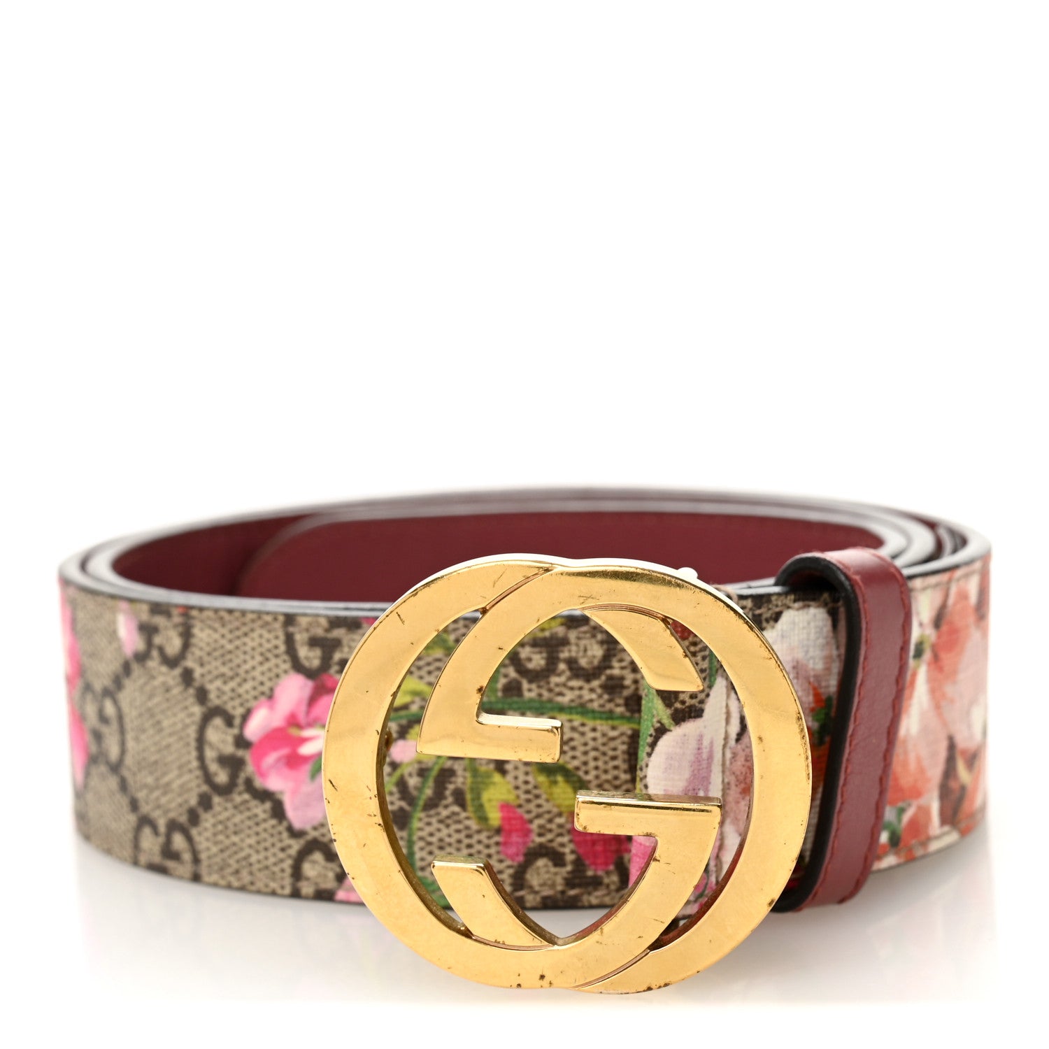 GG Supreme Monogram Blooms Moon Calfskin Interlocking G 37mm Belt 85 34 Beige Ebony Multicolor Dry Rose