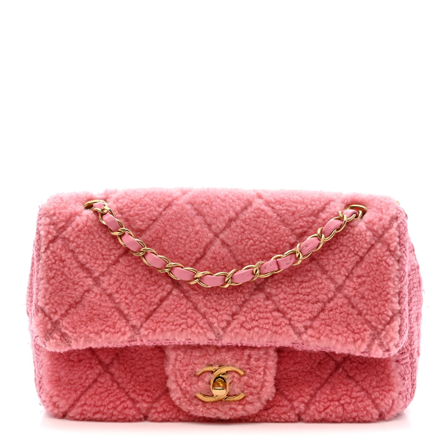 Shearling Tweed Quilted Medium Flap Bag Light Pink