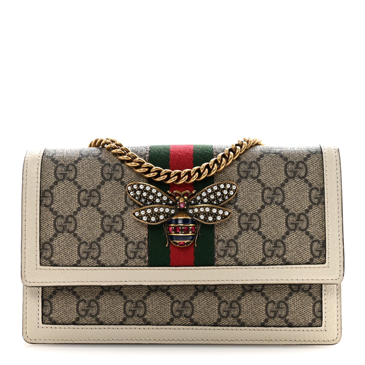 GG Supreme Monogram Web Queen Margaret Chain Wallet White