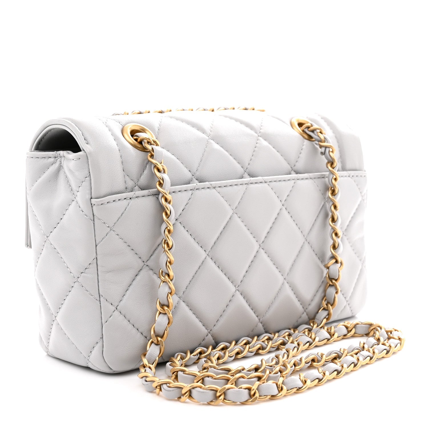Shiny Lambskin Quilted Mini Flap Grey
