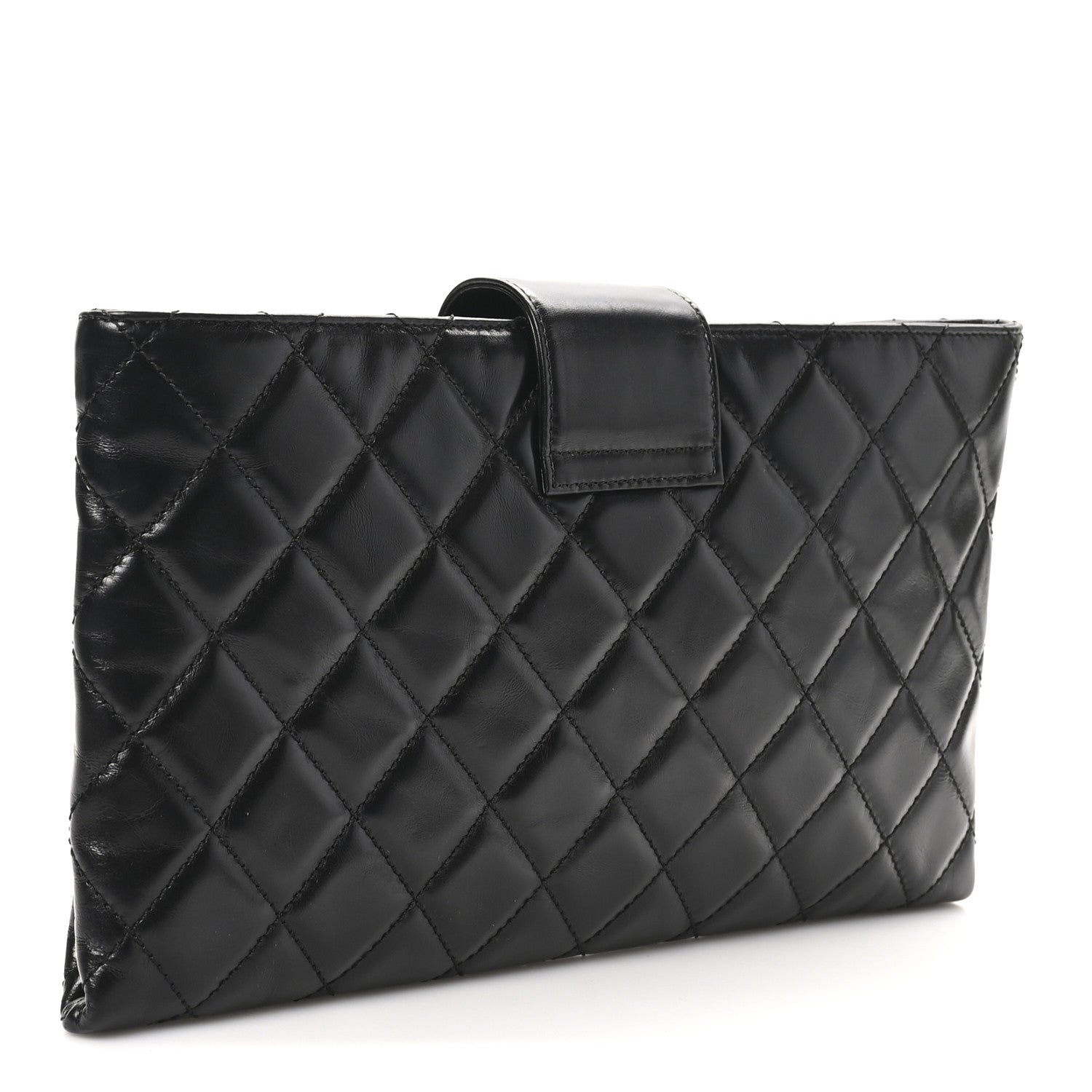 Glazed Calfskin Quilted Coco Pleats Clutch Black