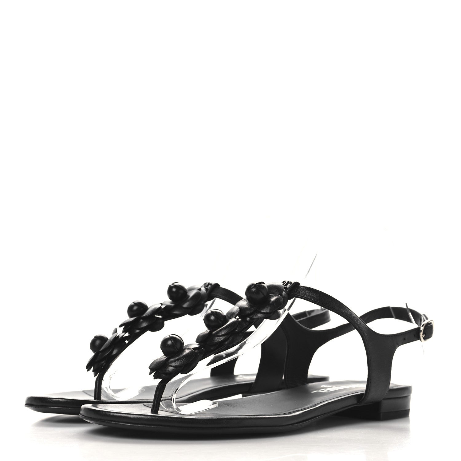 Calfskin Camellia Thong Sandals 39.5 Black