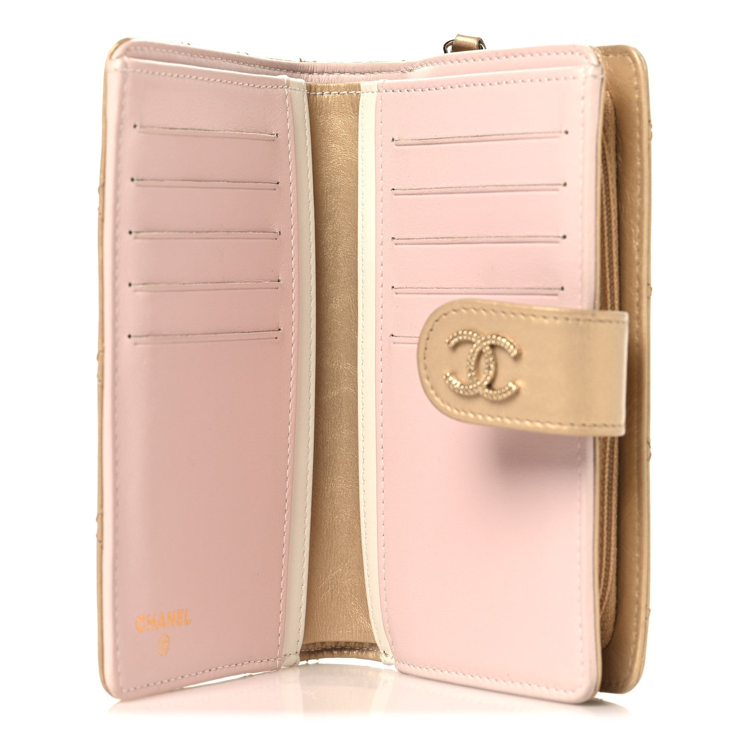 Metallic Calfskin Quilted Brilliant Zipped Pocket Wallet Gold