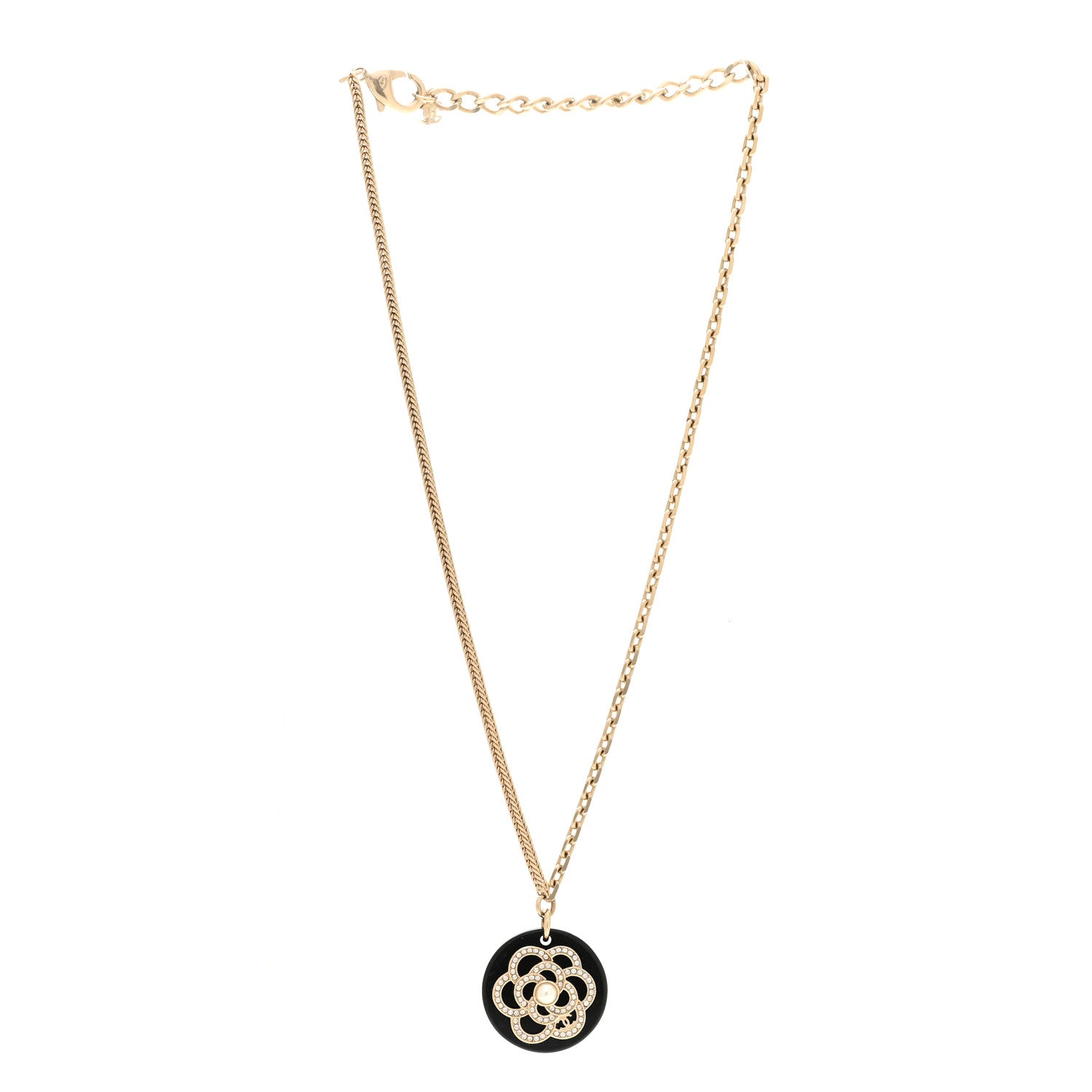 Resin Pearl Crystal Camellia CC Necklace Black Gold
