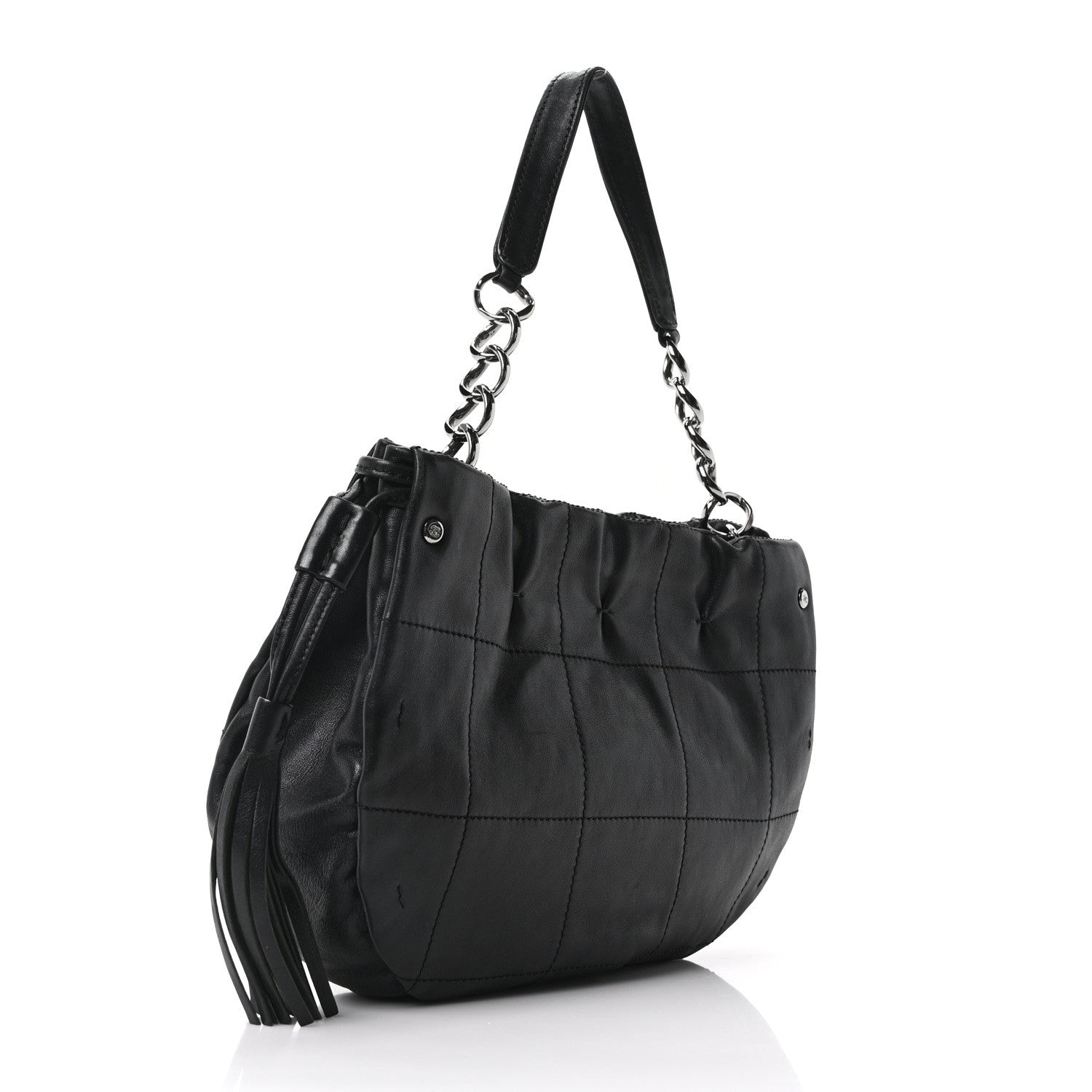 Lambskin Stitched Chocolate Bar Chain Fringe Hobo Black