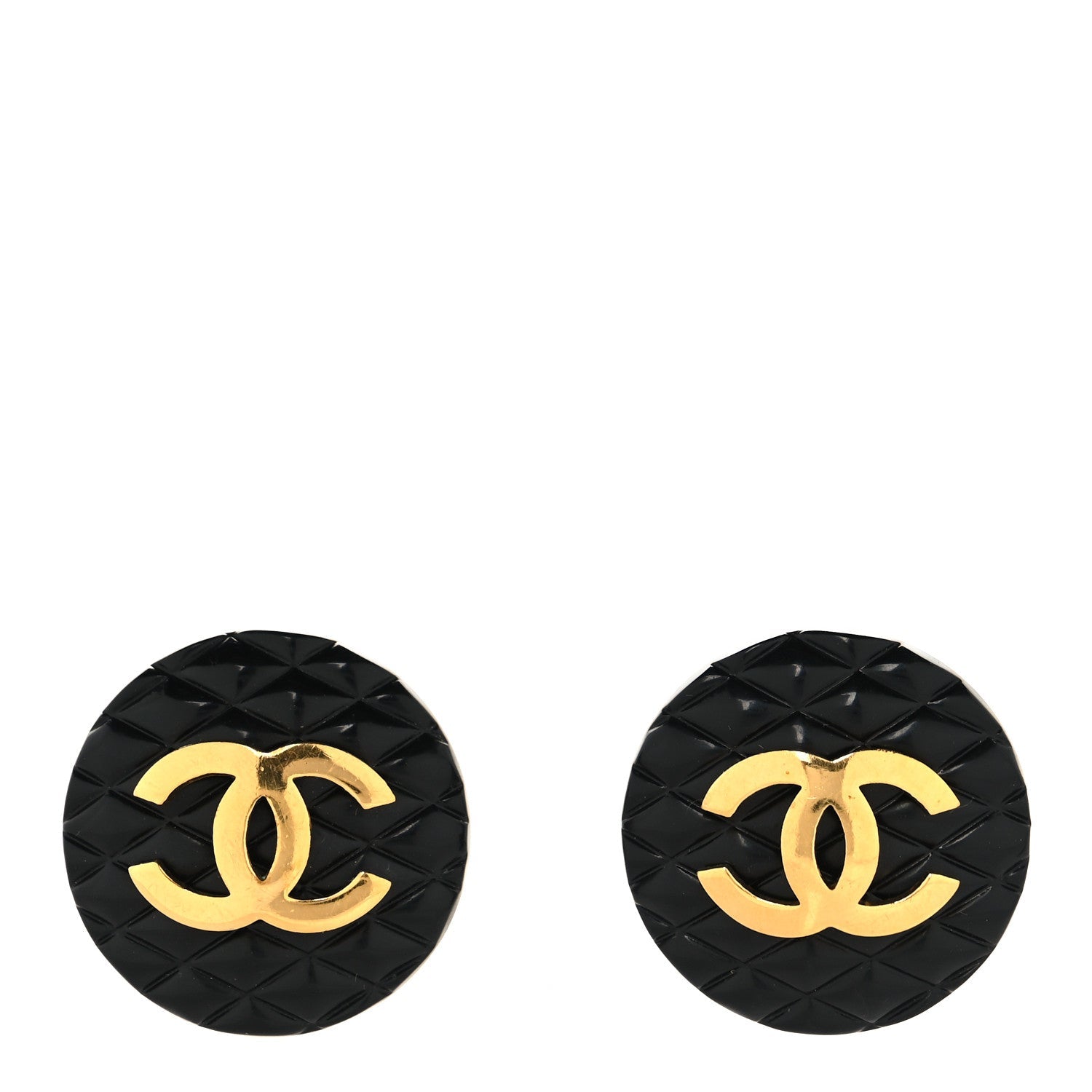 Enamel Quilted CC Clip On Earrings Black Gold