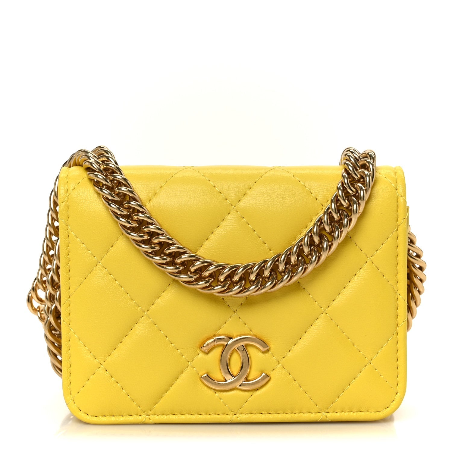 Lambskin Quilted Enamel Logo Flap Card Holder On Chain Yellow