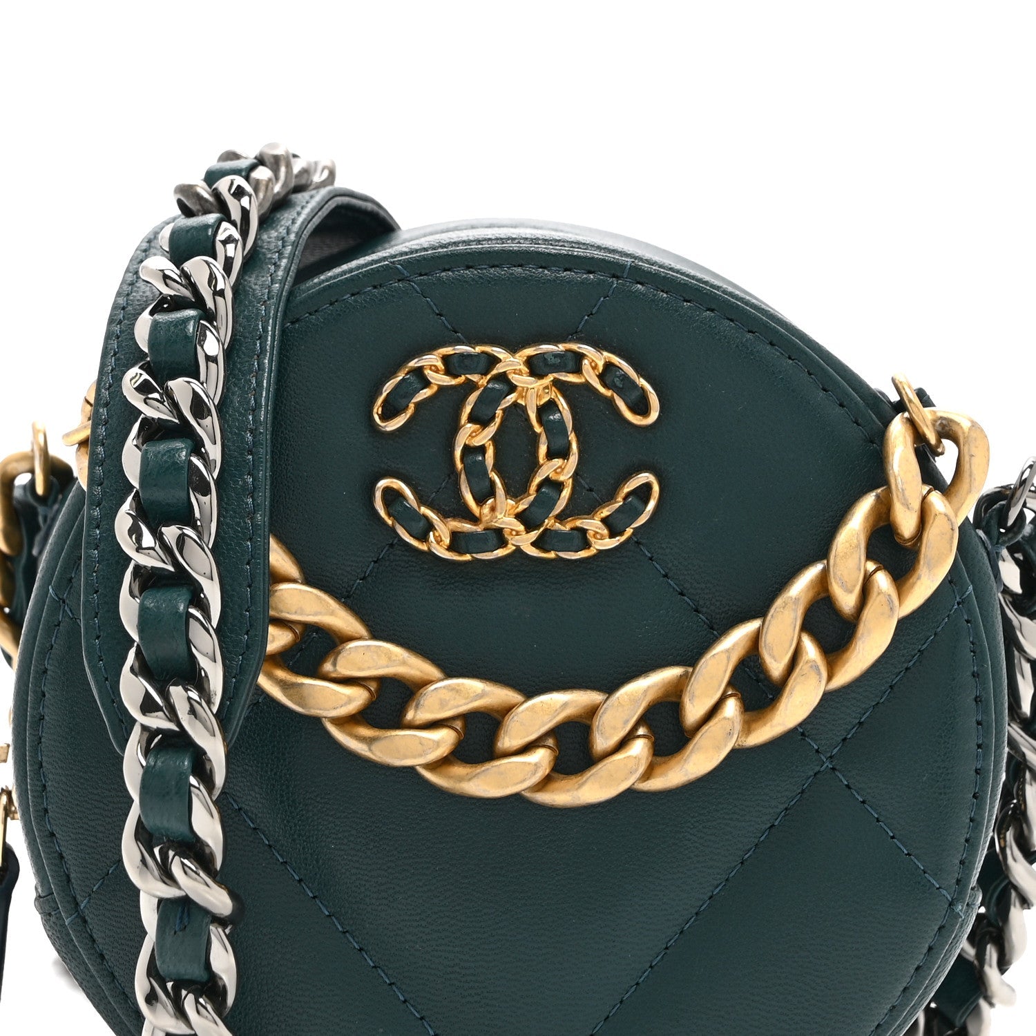 Lambskin Quilted Chanel 19 Round Clutch With Chain Green