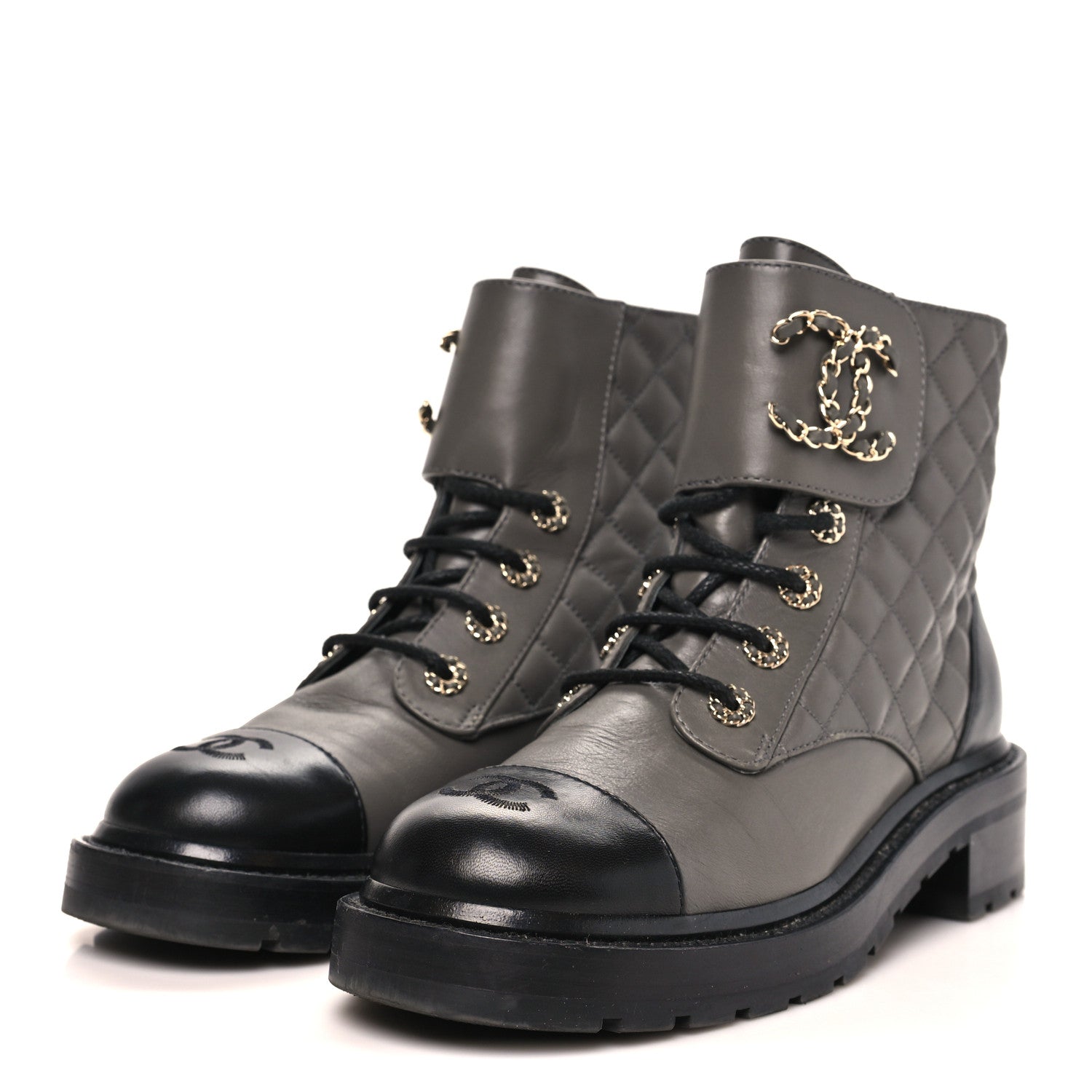 Shiny Lambskin Quilted Lace Up Combat Boots 39.5 Grey Black