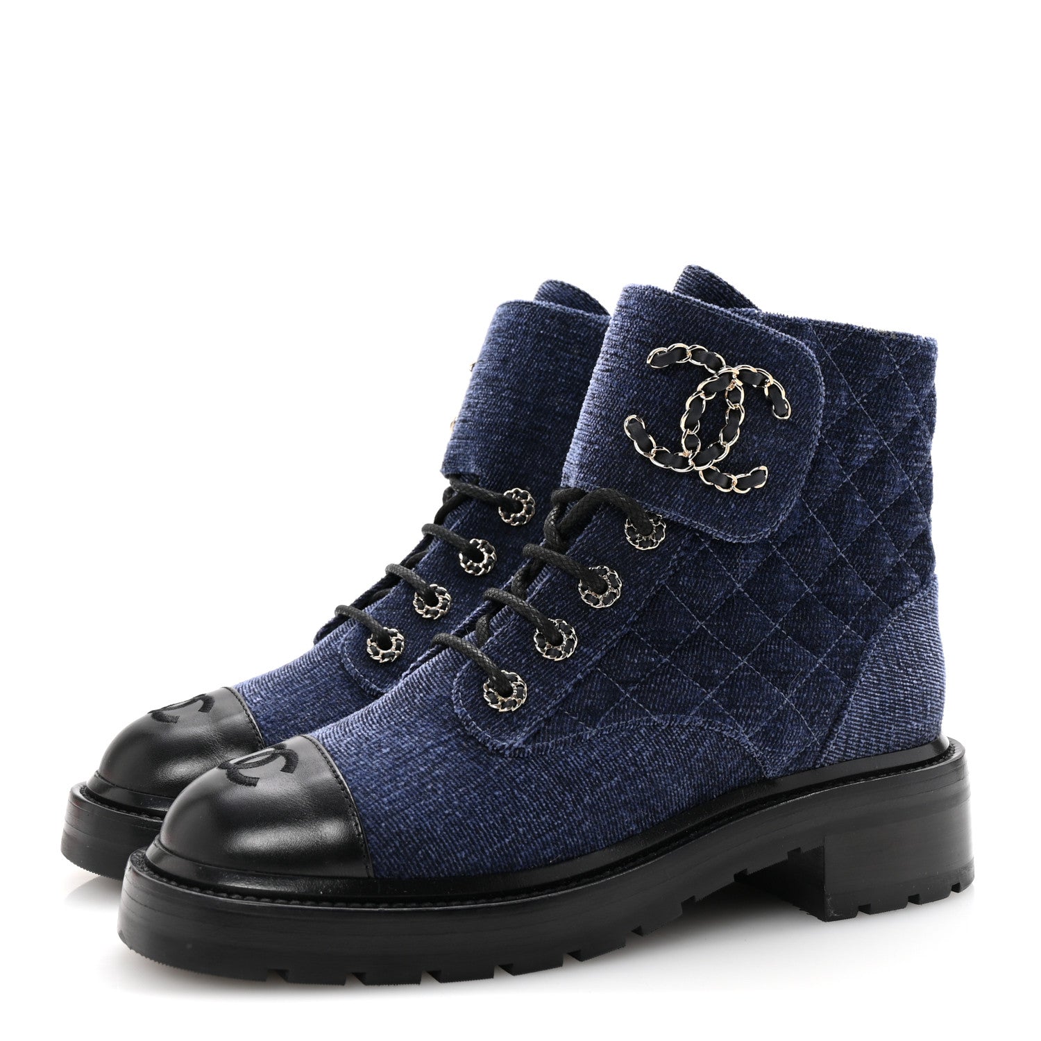 Shiny Calfskin Velvet Quilted Lace Up Combat Boots 38.5 Blue Black