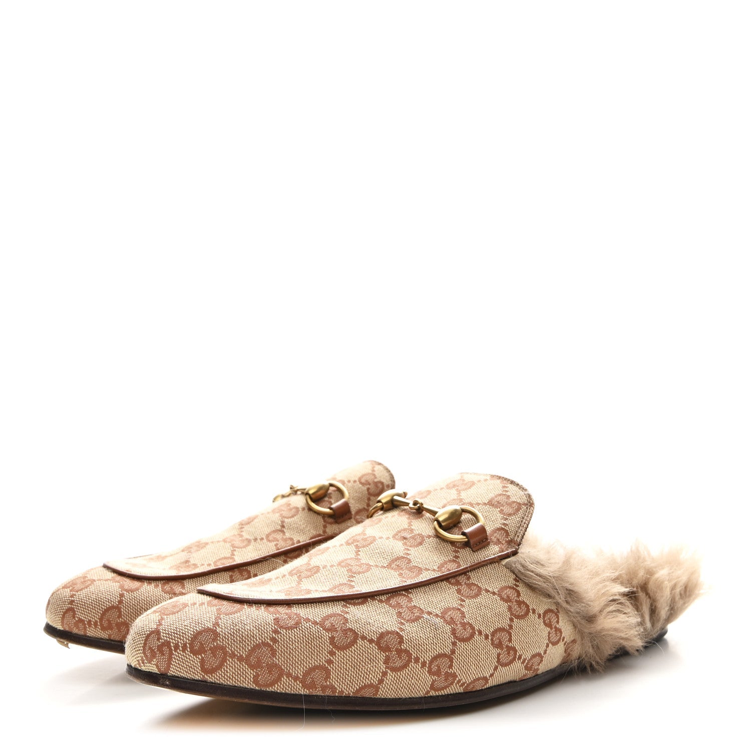 GG Monogram Fur Mens Princetown Slippers 9 Beige Ruggine Rust