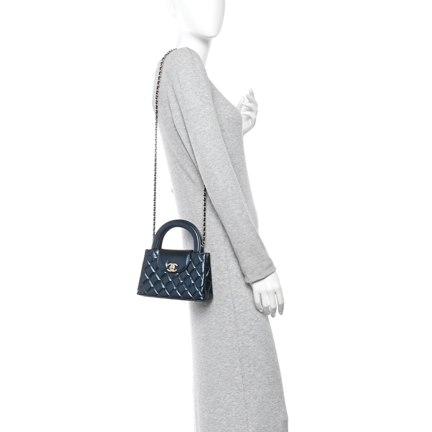 Metallic Aged Calfskin Quilted Nano Kelly Shopper Navy