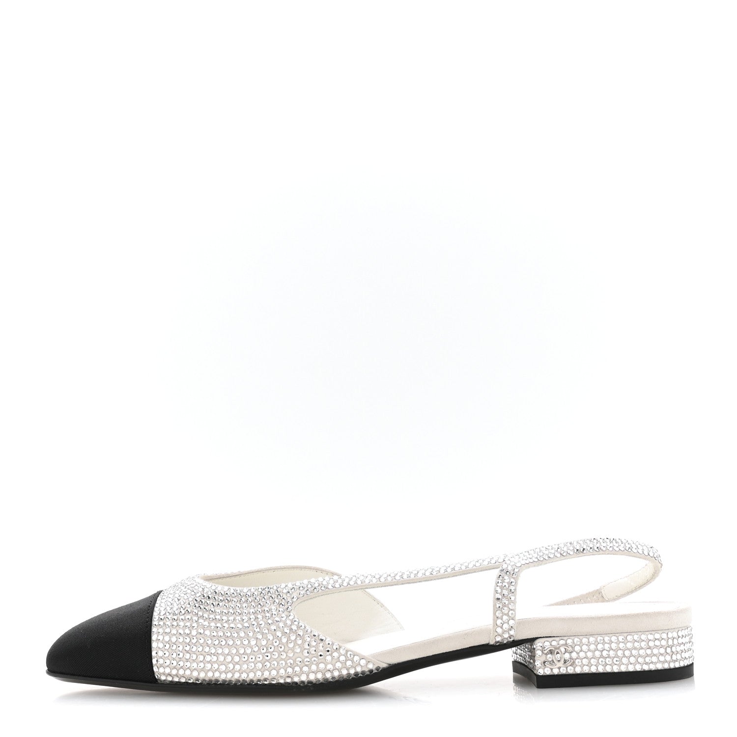 Strass Grosgrain Cap Toe CC Slingback Flats 36.5 Silver Black