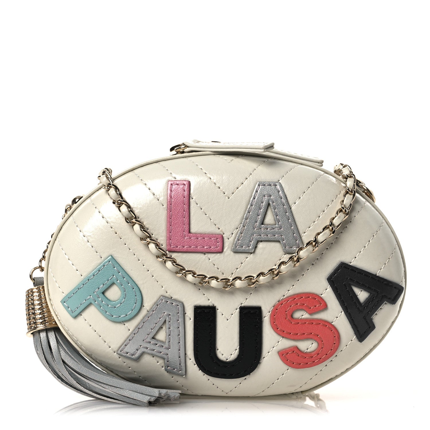 Embroidered Lambskin Chevron Quilted La Pausa Evening Bag White