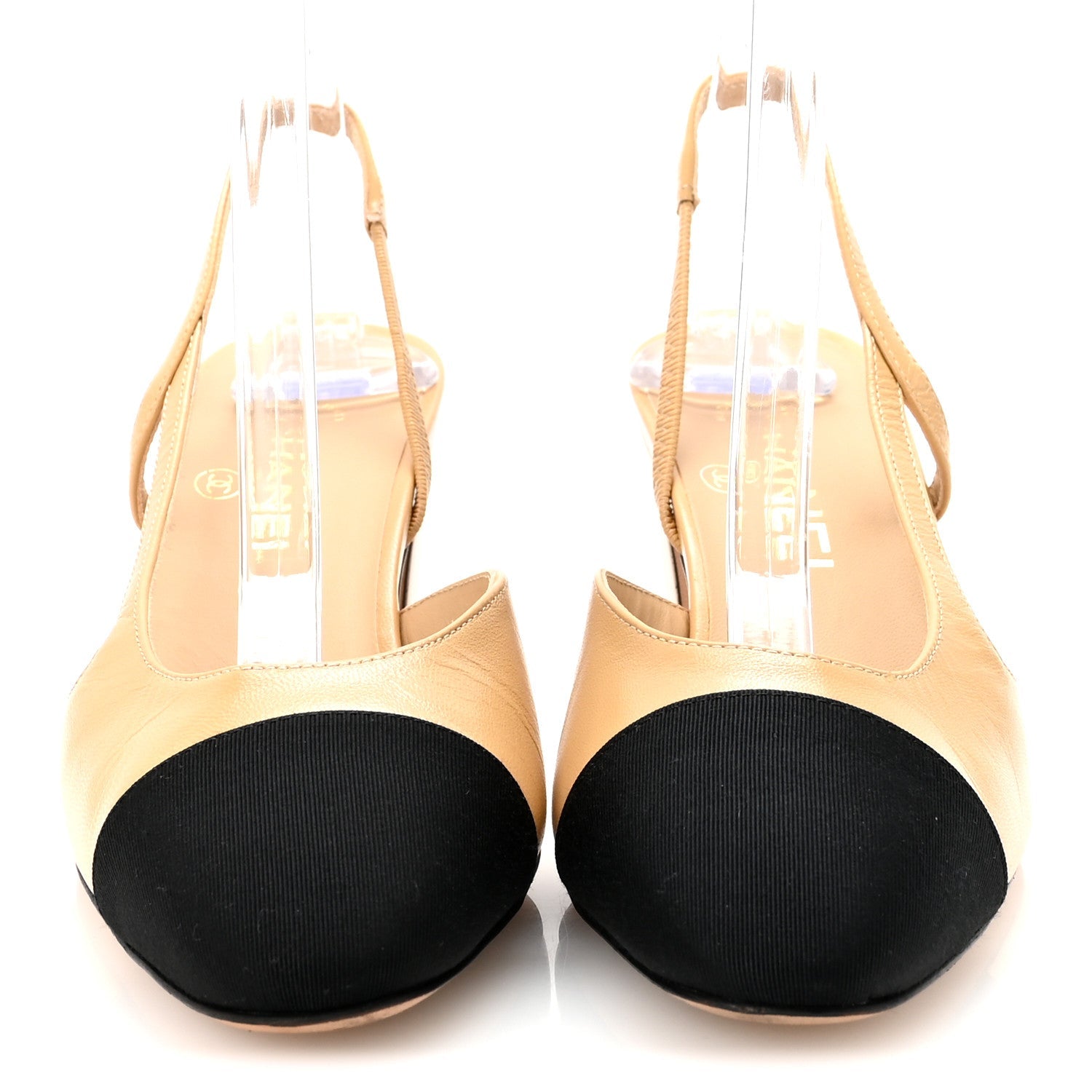 Goatskin Grosgrain Cap Toe CC Slingback Pumps 37.5 Beige Black