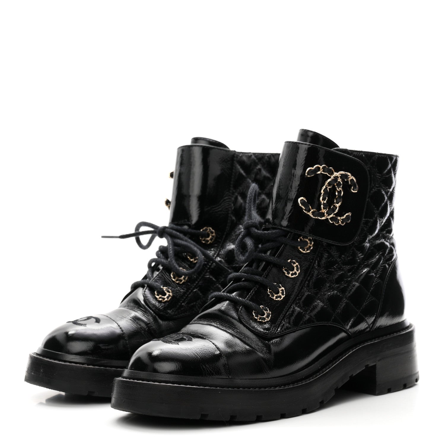 Shiny Lambskin Quilted Lace Up Combat Boots 38 Black