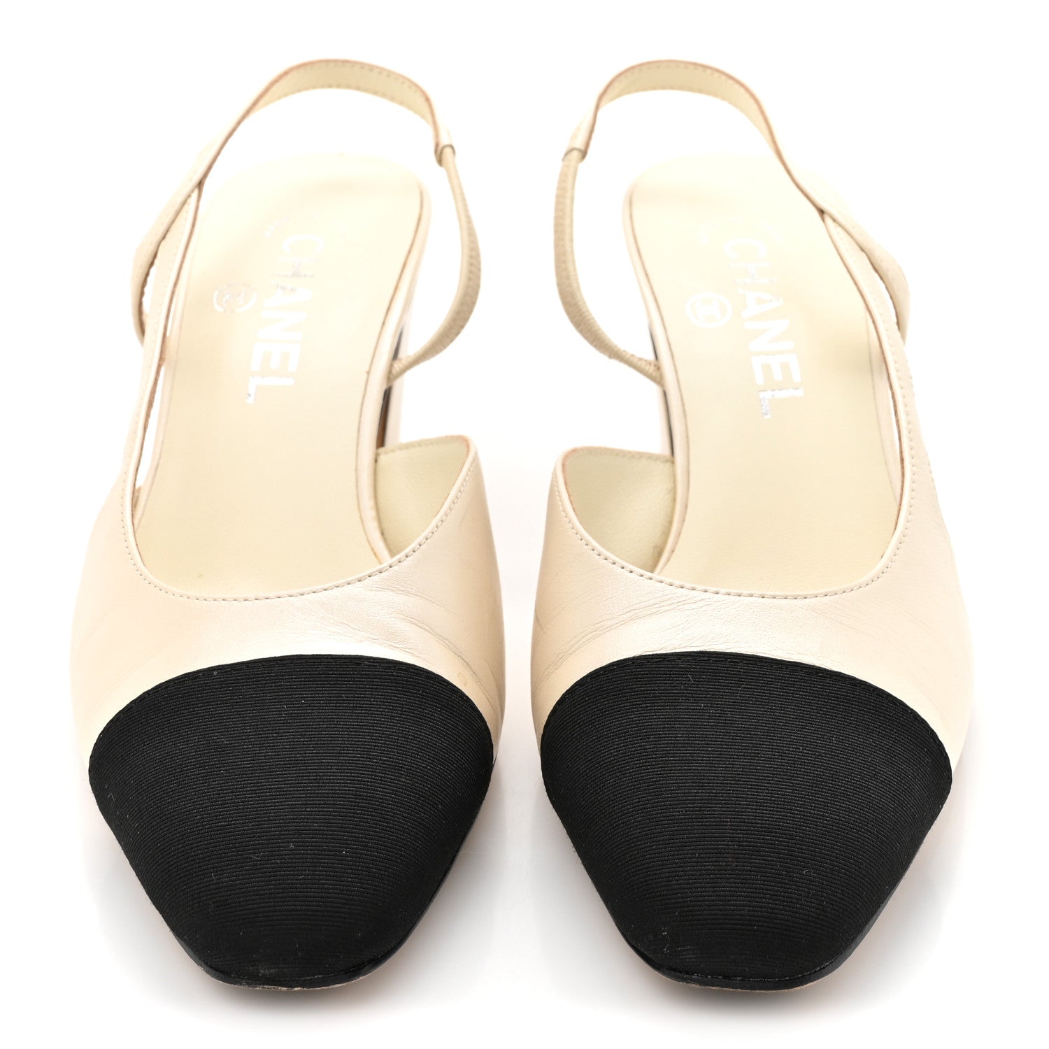 Lambskin Grosgrain Cap Toe CC Slingback Pumps 38 White Black