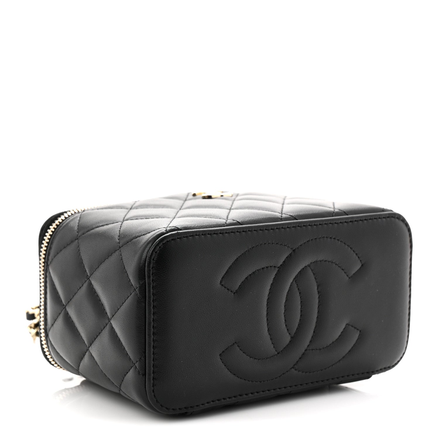 Lambskin Quilted Small Top Handle Vanity Case With Chain Black