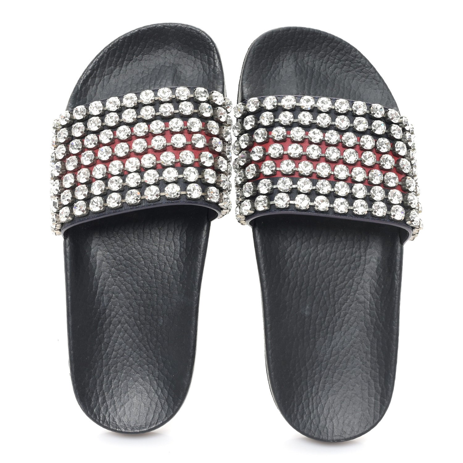 Calfskin Crystal Embellished Web Slide Sandals 36 Blue Red