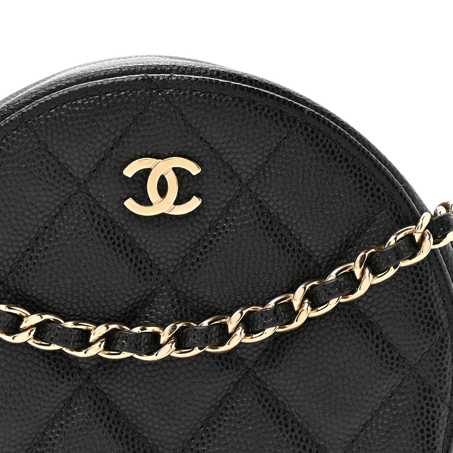Caviar Quilted Round Clutch With Chain Black