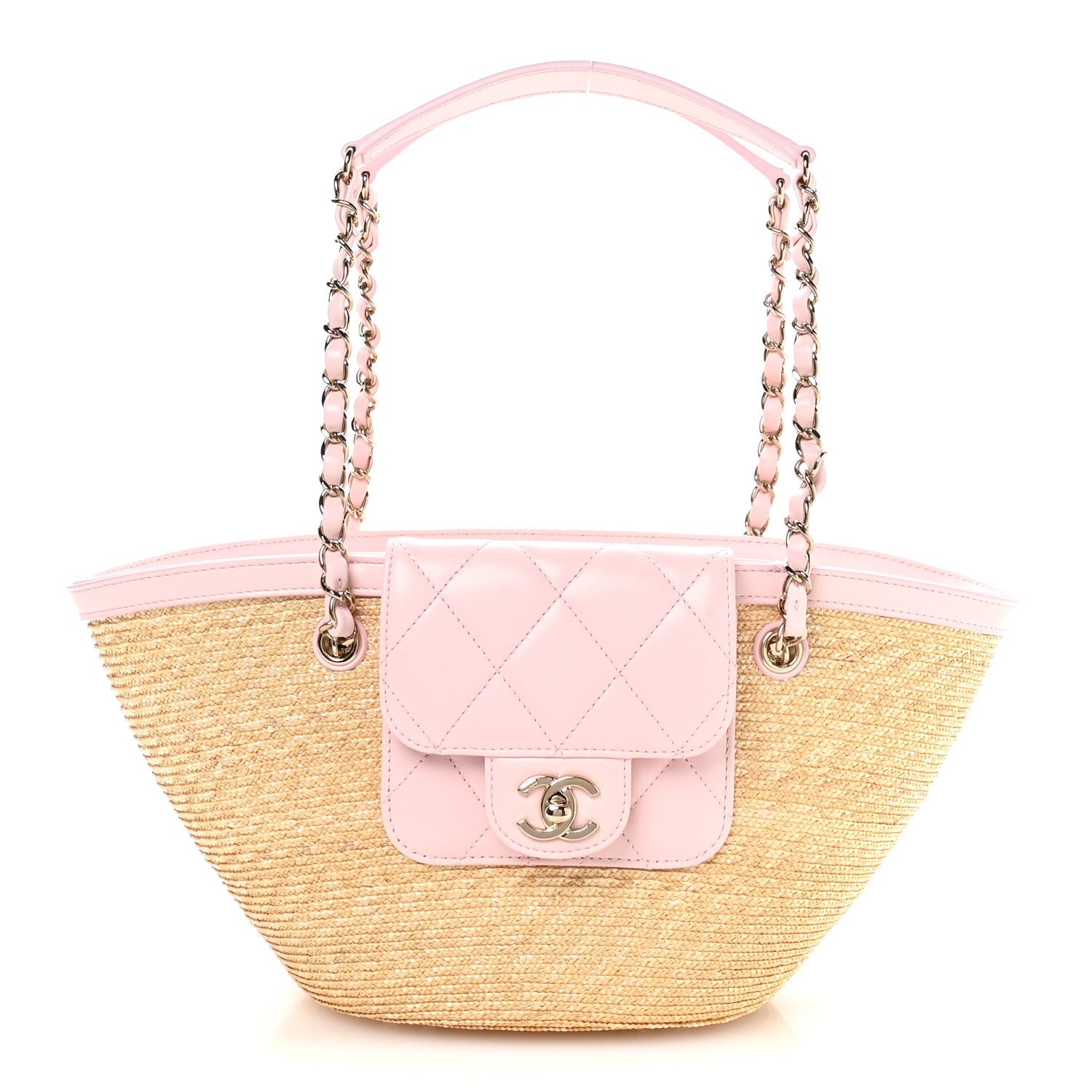 Raffia Braided Lambskin Small Wicker Tote Beige Light Pink
