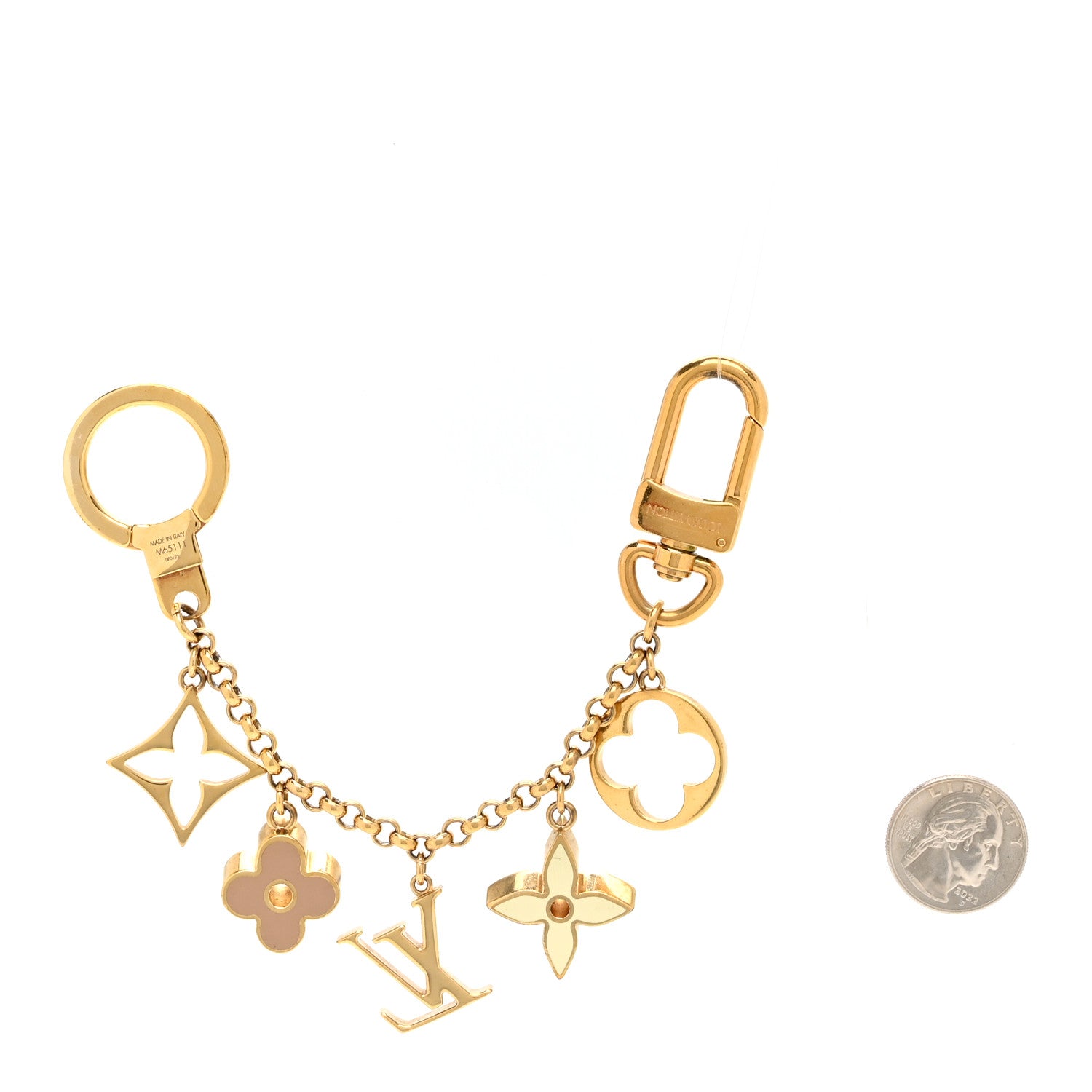 Brass Enamel Fleur De Monogram Bag Charm Chain Gold