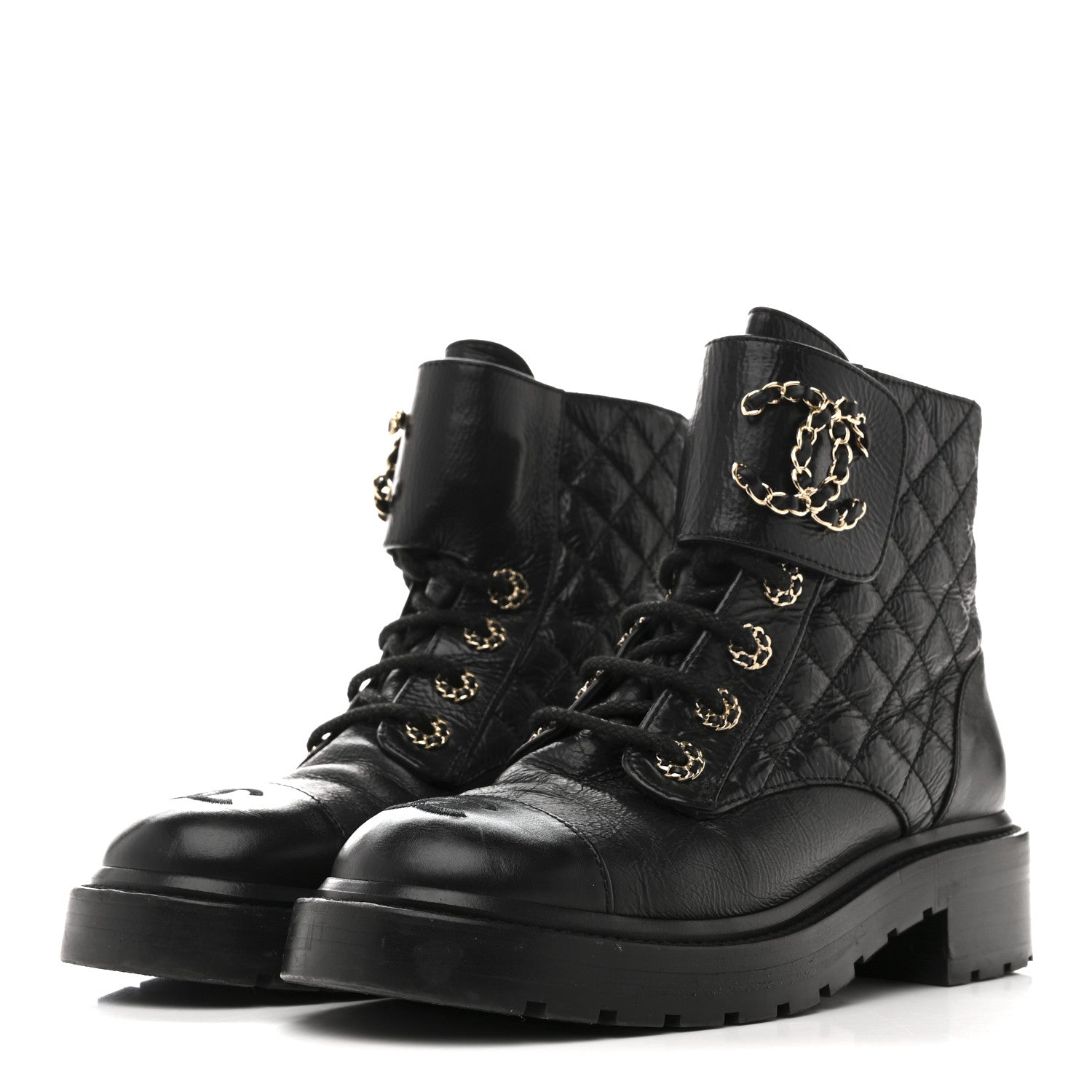Shiny Goatskin Calfskin Quilted Lace Up Combat Boots 37 Black
