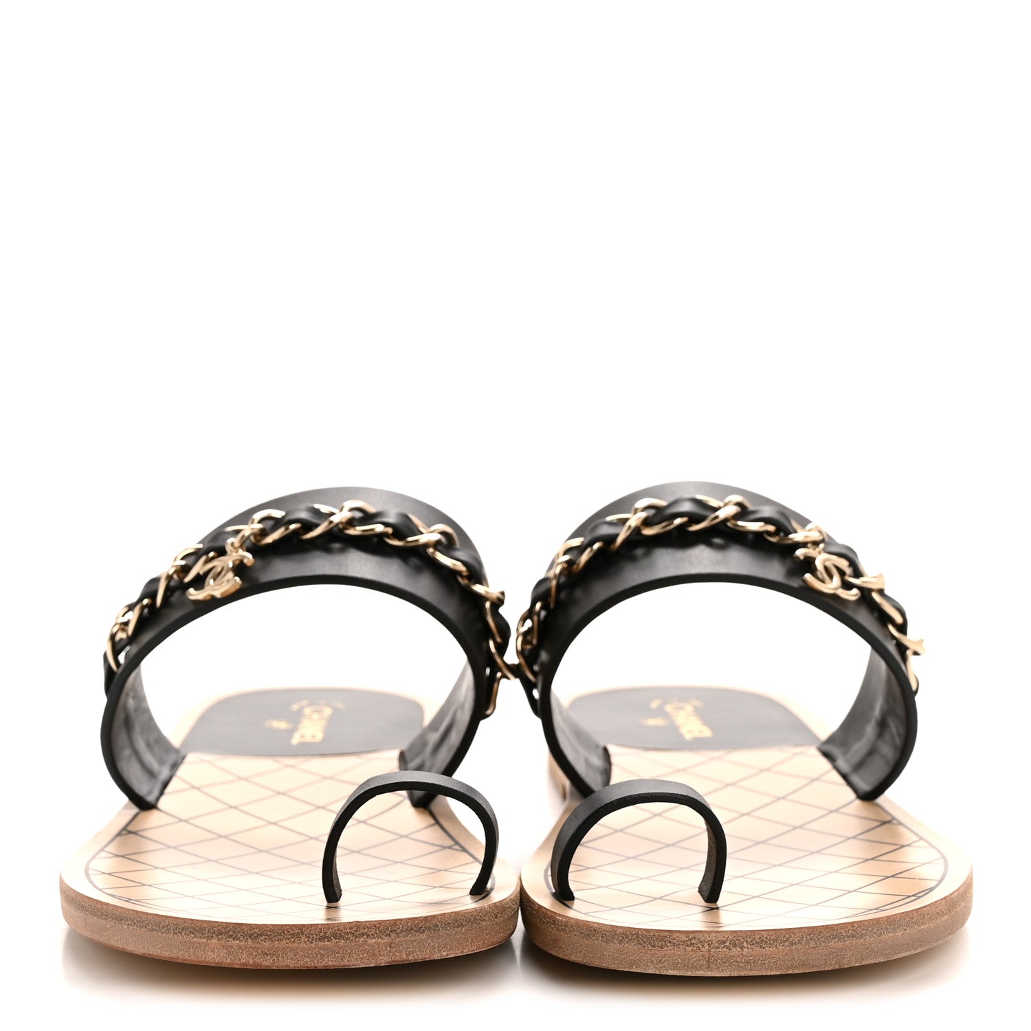 Calfskin Chain CC Logo Toe Ring Sandals 38.5 Black