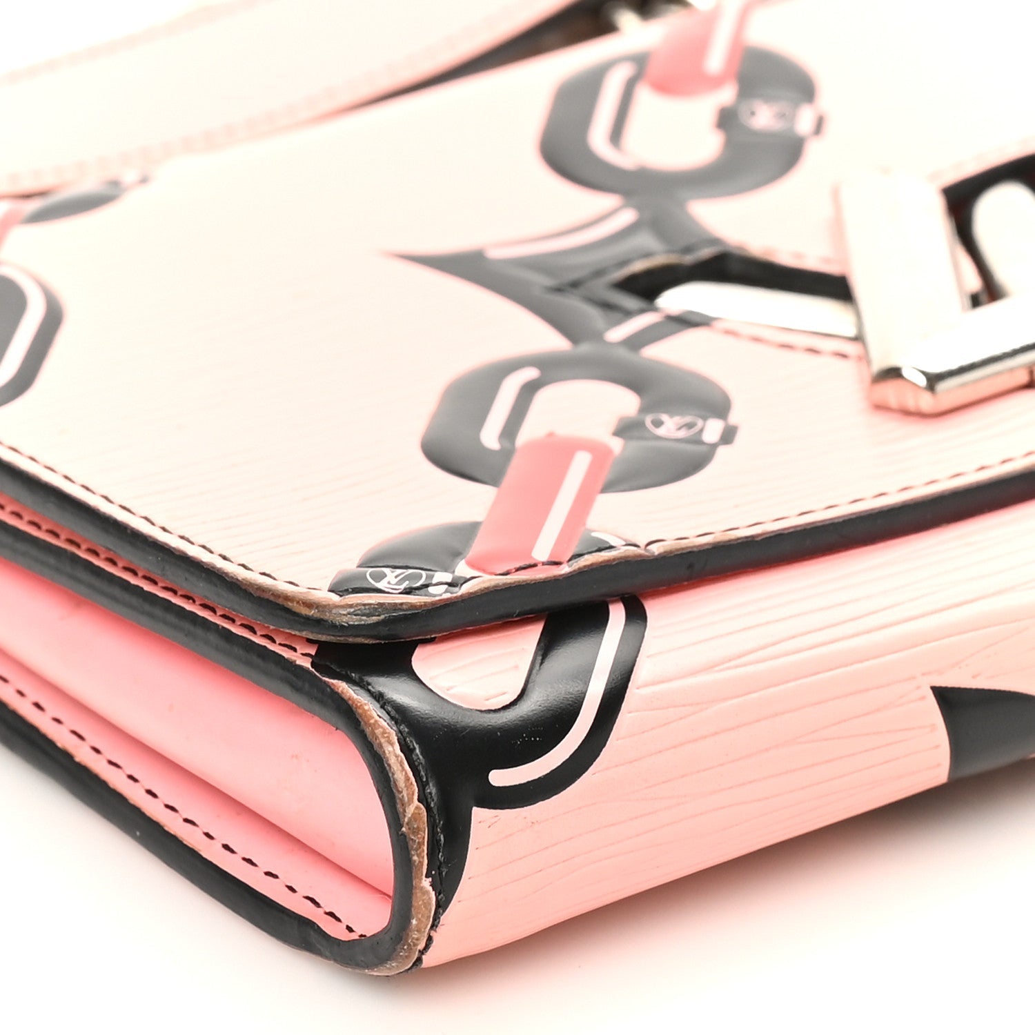 Epi Chain Flower Print Twist Chain Wallet Pink