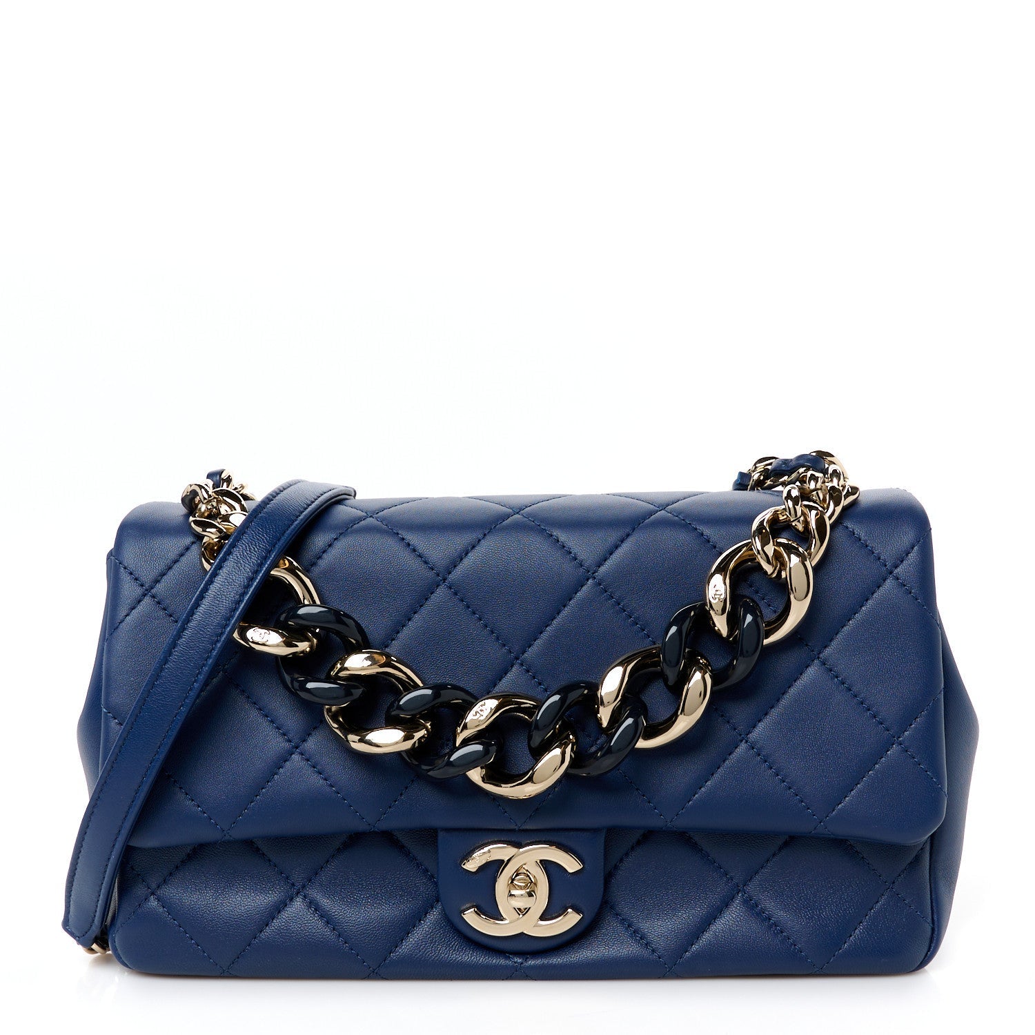 Lambskin Quilted Resin Bi-Color Chain Flap Bag Navy