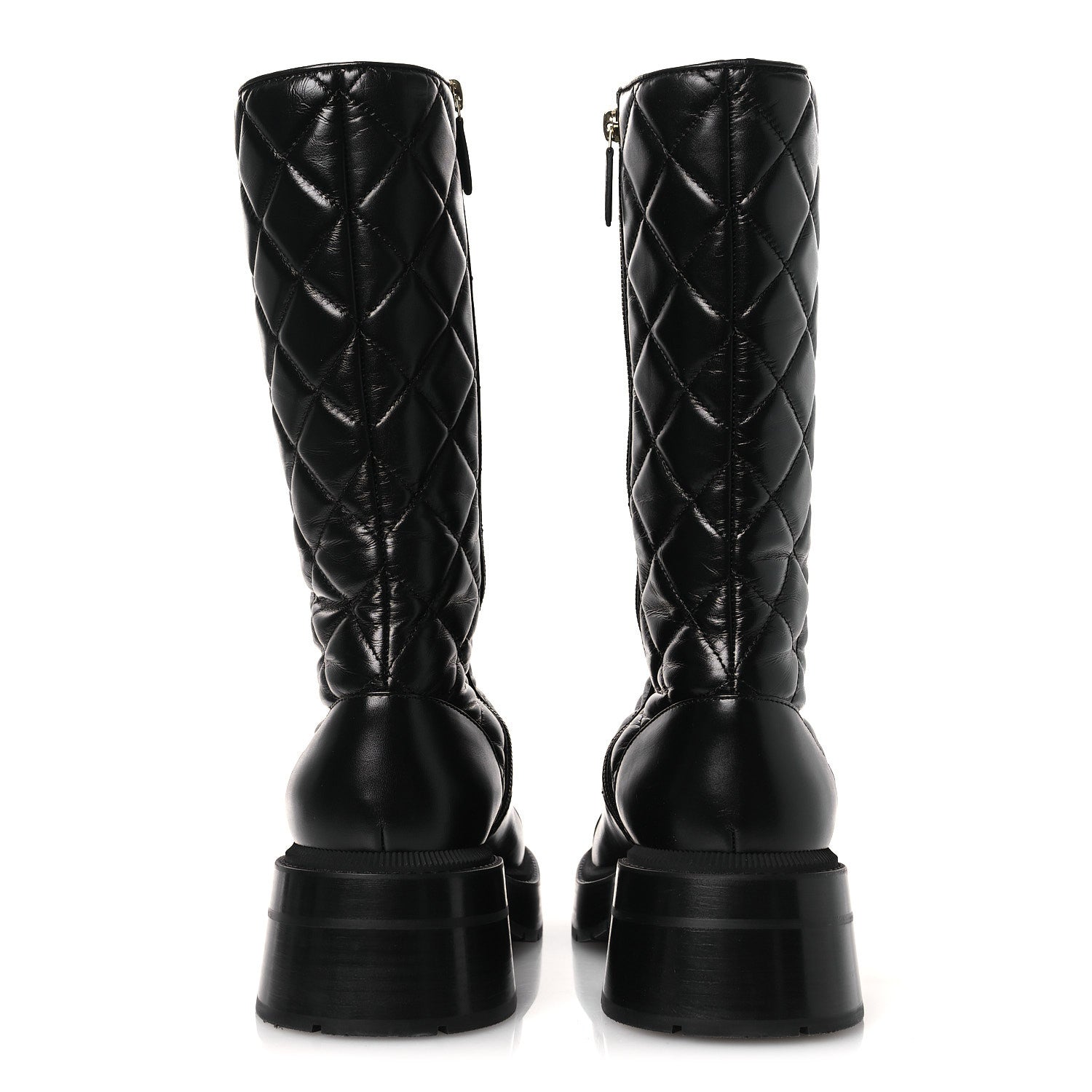 Calfskin Quilted Logo Lace Up Tall Combat Boots 39 Black