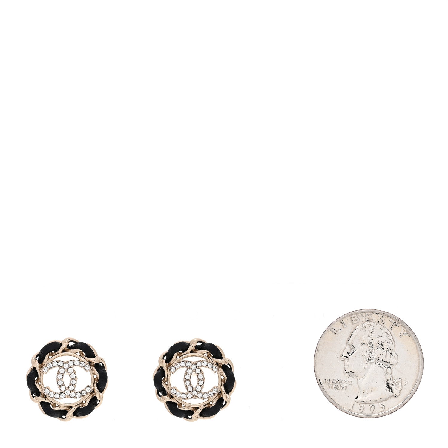 Crystal Lambskin Chain CC Stud Earrings Black Gold