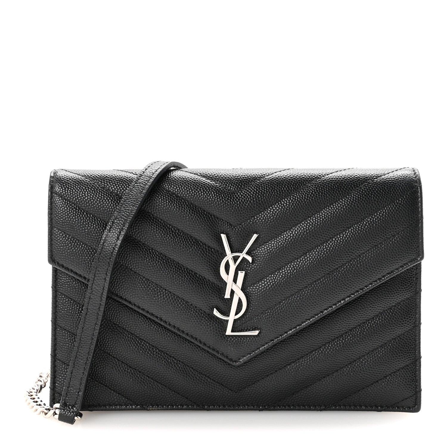 Grain De Poudre Matelasse Chevron Monogram Envelope Chain Wallet Black