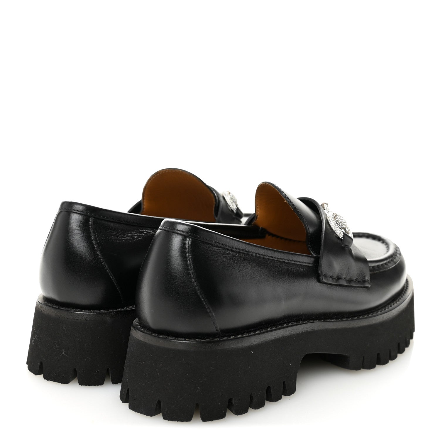 Calfskin Crystal Womens Horsebit Platform Lug Sole Loafers 37.5 Black