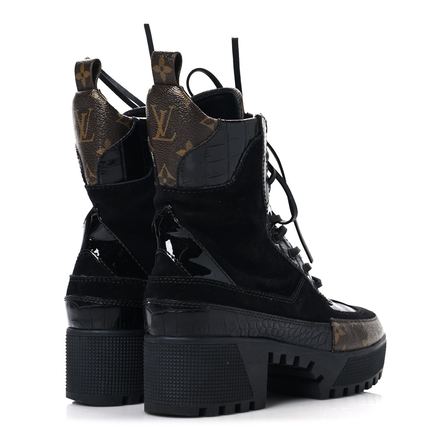 Suede Crocodile Embossed Calfskin Monogram Laureate Platform Desert Boots 36 Black