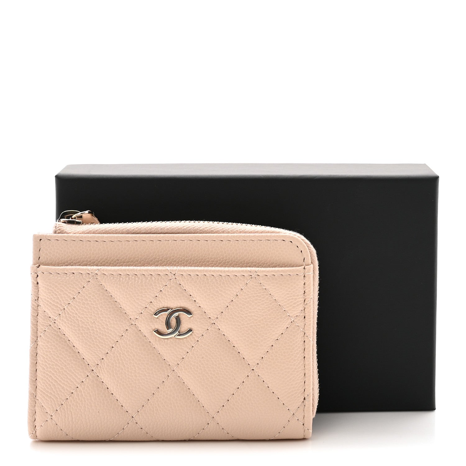Caviar Quilted CC Zip Around Card Holder Beige