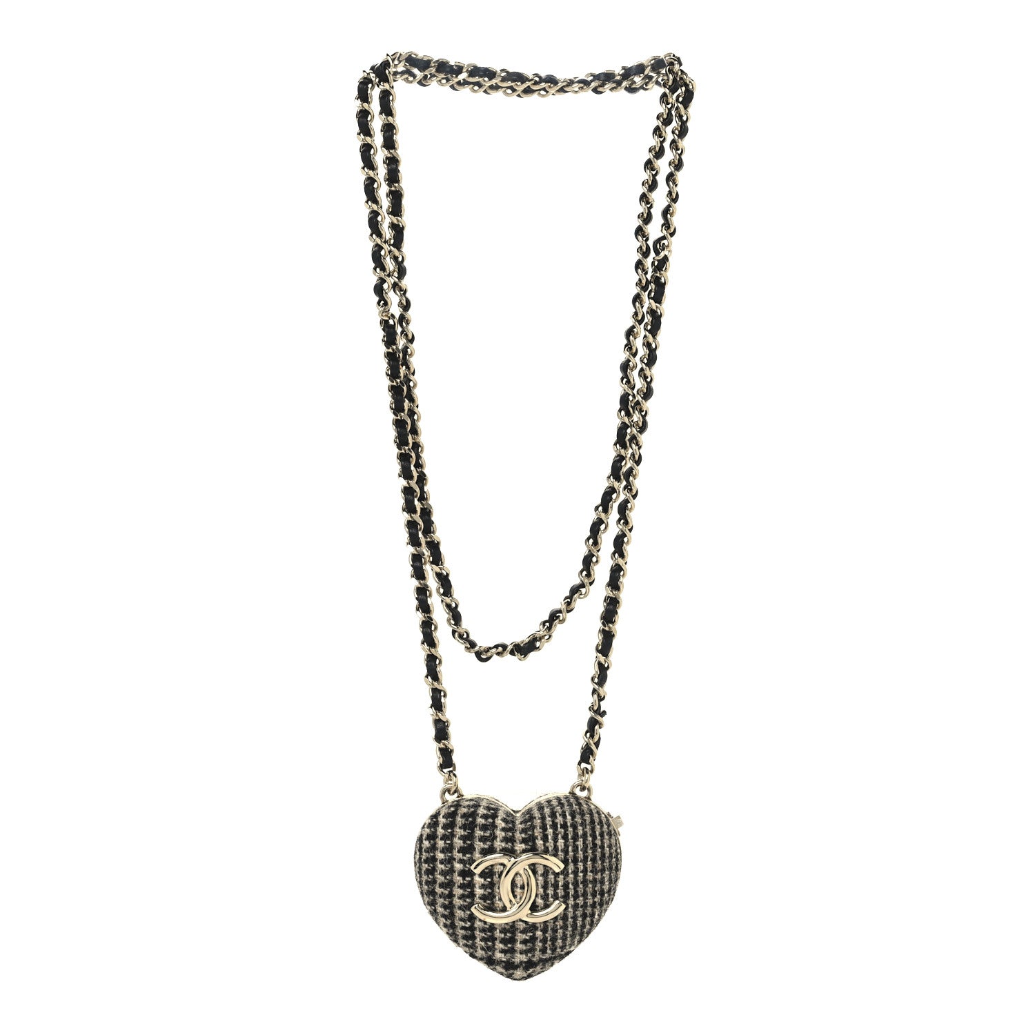Tweed Lambskin CC Heart Locket Necklace Gold Black Beige