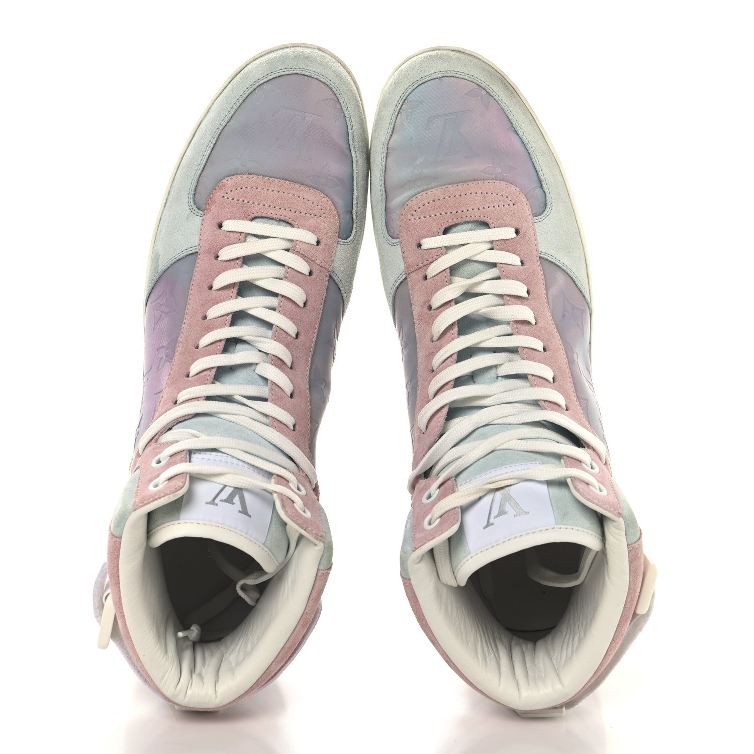 Calfskin Suede Monogram Mens Rivoli High Top Sneakers 10 White Multicolor