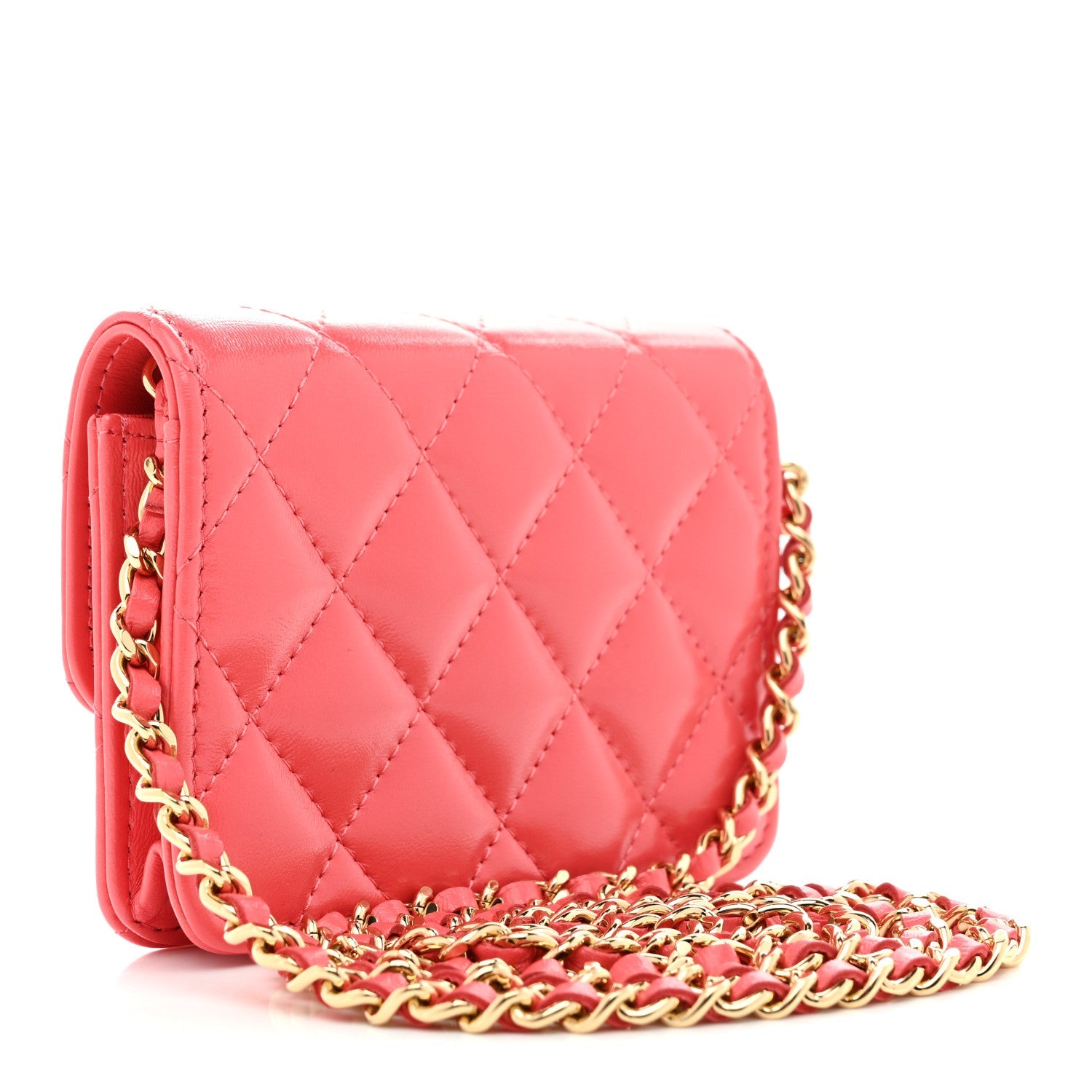 Shiny Lambskin Quilted Card Holder On Chain Pink