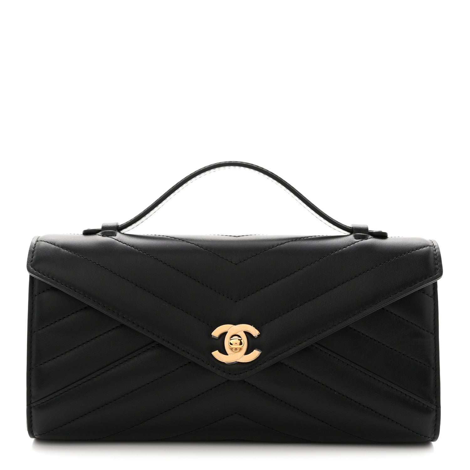 Lambskin Chevron Quilted Top Handle Envelope Clutch Black