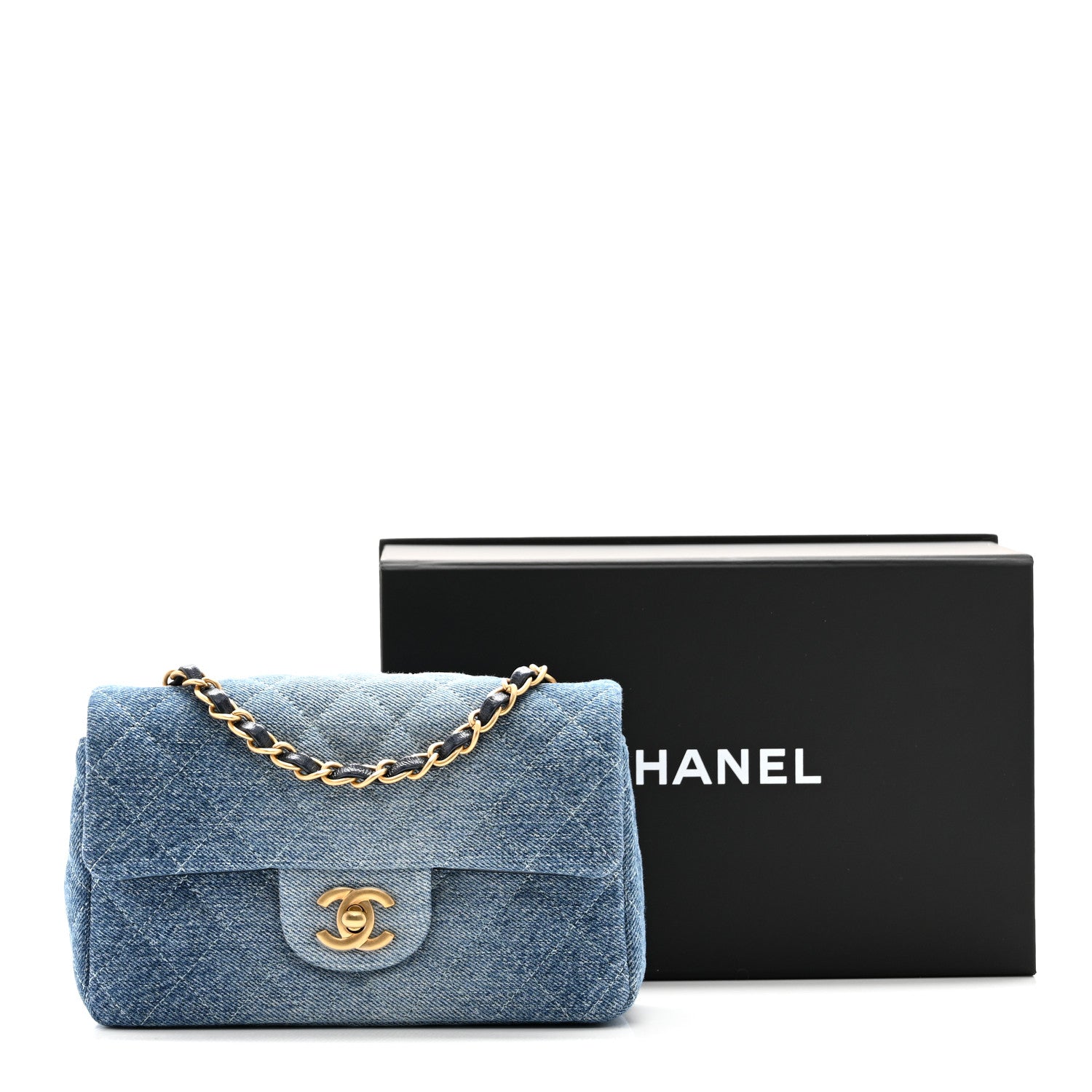 Washed Denim Quilted Mini Rectangular Flap Blue