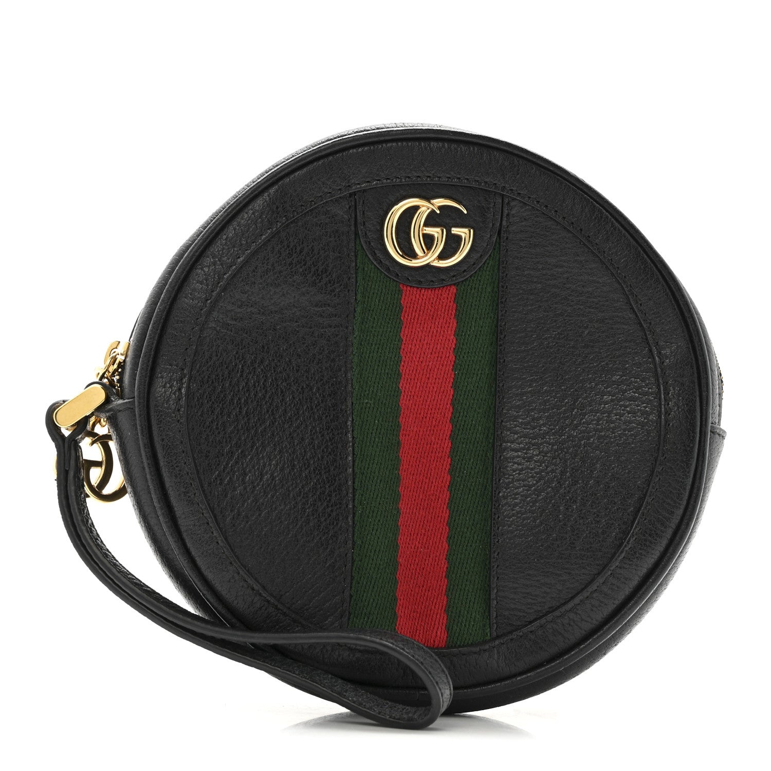 Textured Calfskin Web Ophidia Round Wrist Wallet Black