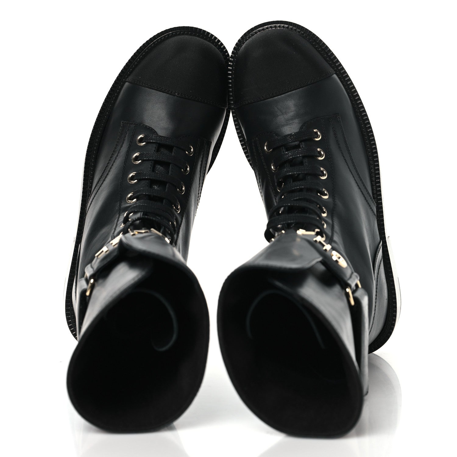 Shiny Calfskin Grosgrain Lace Up Combat Boots 36.5 Black