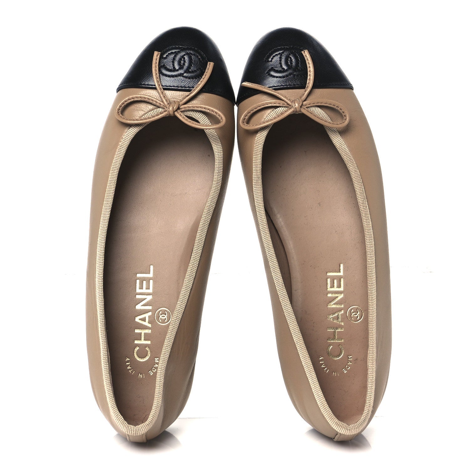 Lambskin Cap Toe CC Ballerina Flats 36 Beige Black