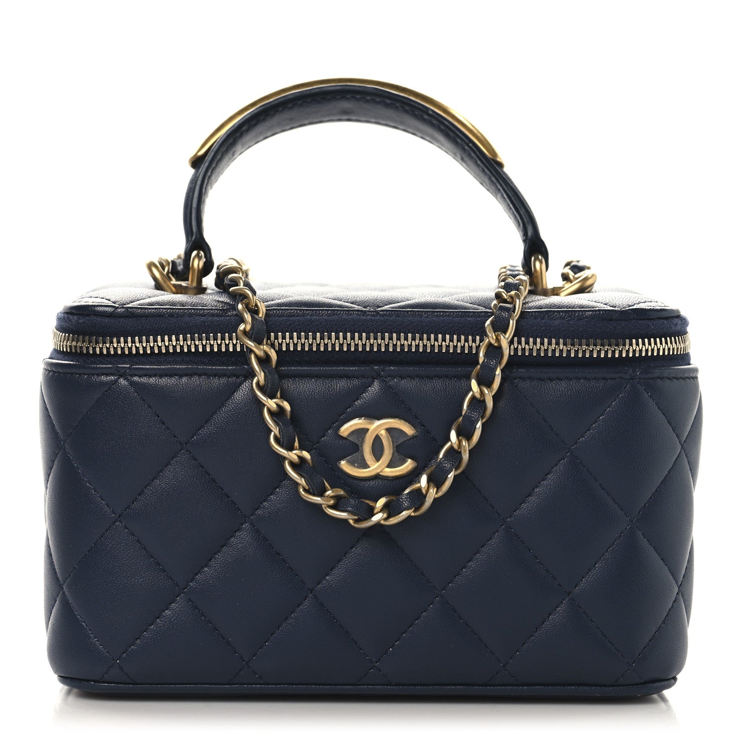 Lambskin Quilted Metal Small Top Handle Vanity Case With Chain Blue